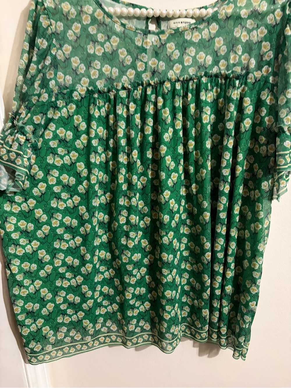 Max Studio Green Floral Ruffle Sleeve Blouse - Picture 4 of 10